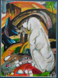 Weißer Hund sieht auf die Stadt (frei n. F.Marc, Acryl 40x50, Dez. 2005)